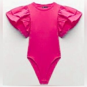 Zara Bright Pink Ruffle Sleeve Bodysuit M